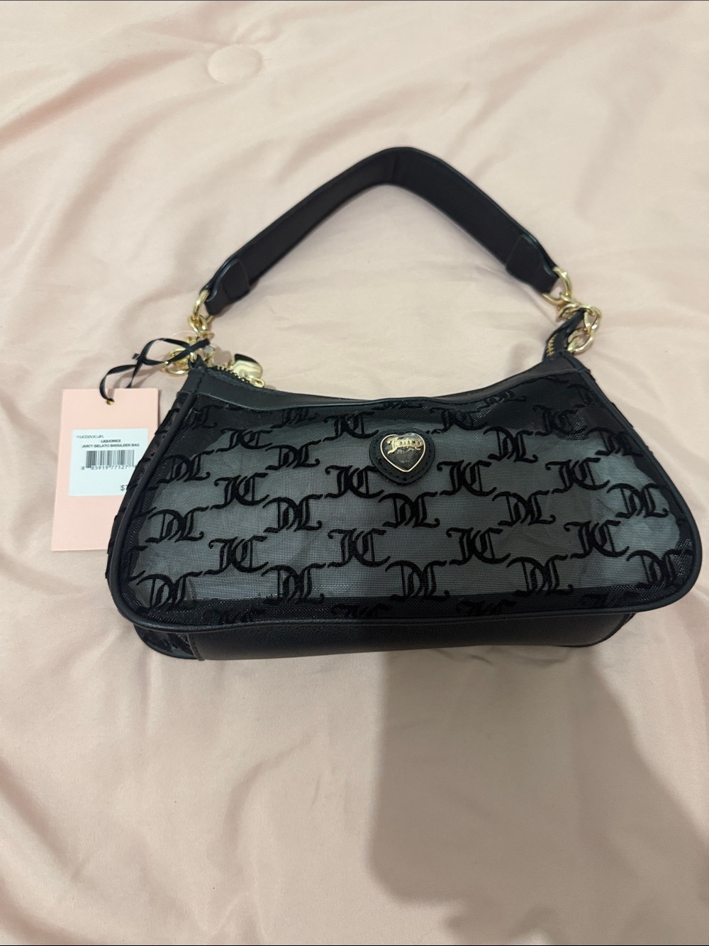 Juicy Couture Black Mesh Logo Shoulder Bag with Gold Heart Emblem